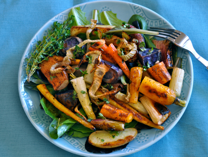 Roasted Vegetables with Crispy Fennel  Thyme Vinaigrette